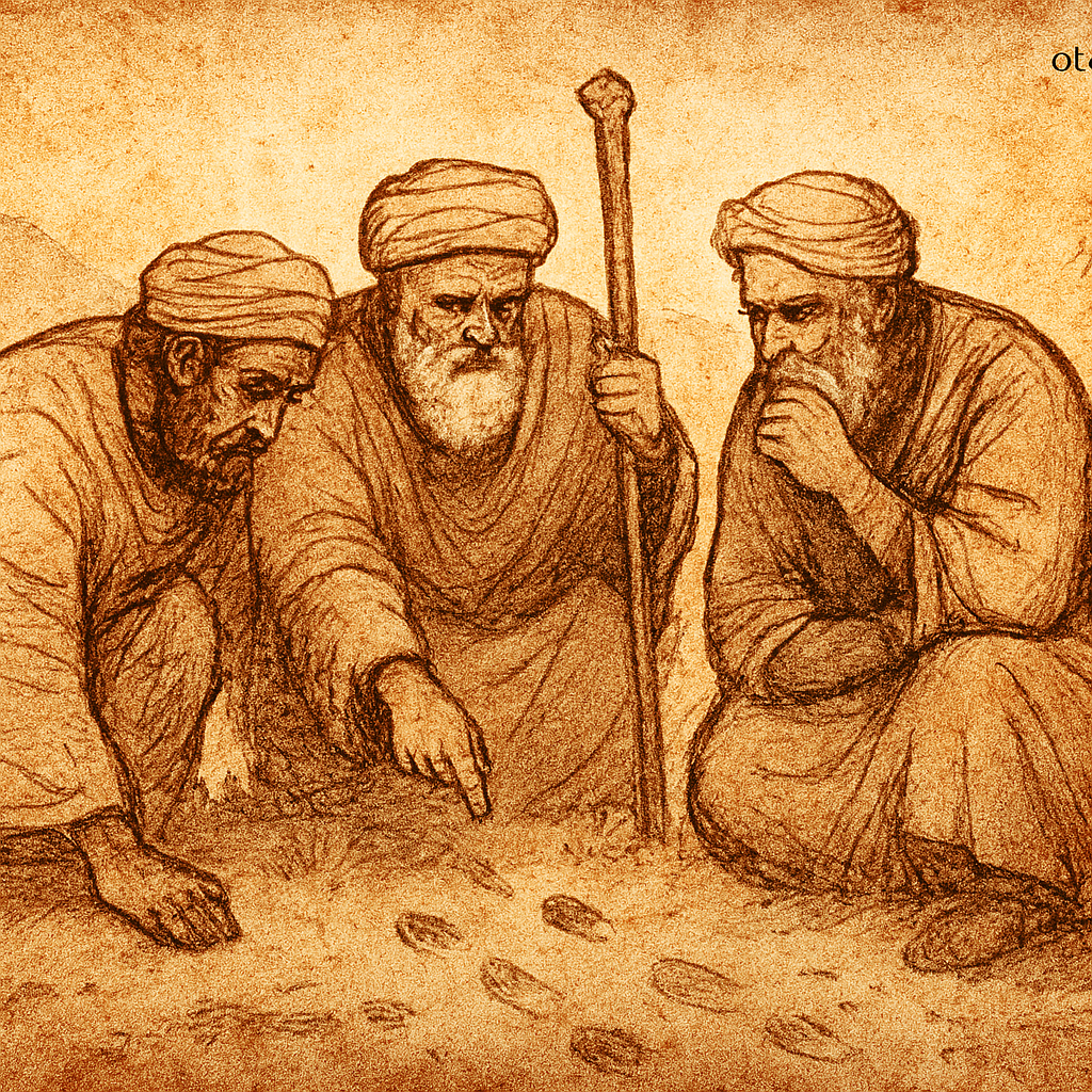 Parchment-style illustration of three Ethiopian wise men examining camel tracks in dusty market.