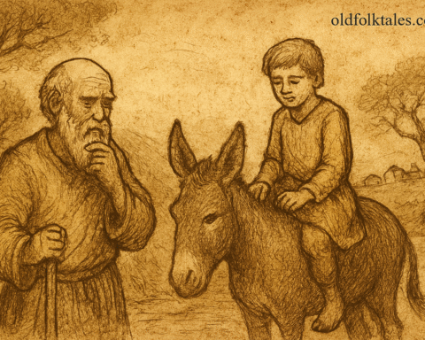 Parchment-style illustration of miller and son carrying donkey across bridge,