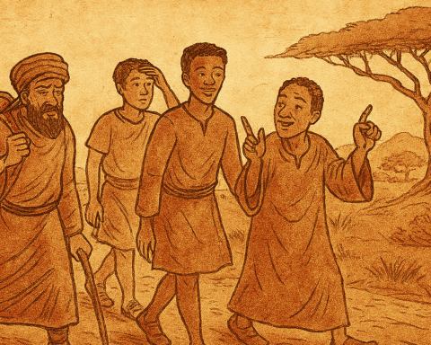 Parchment-style illustration of African griot storytelling to travelers on dusty road near village gate.