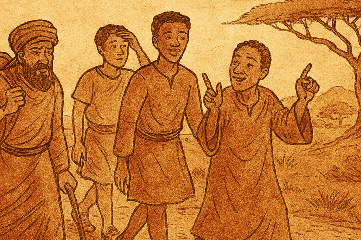Parchment-style illustration of African griot storytelling to travelers on dusty road near village gate.
