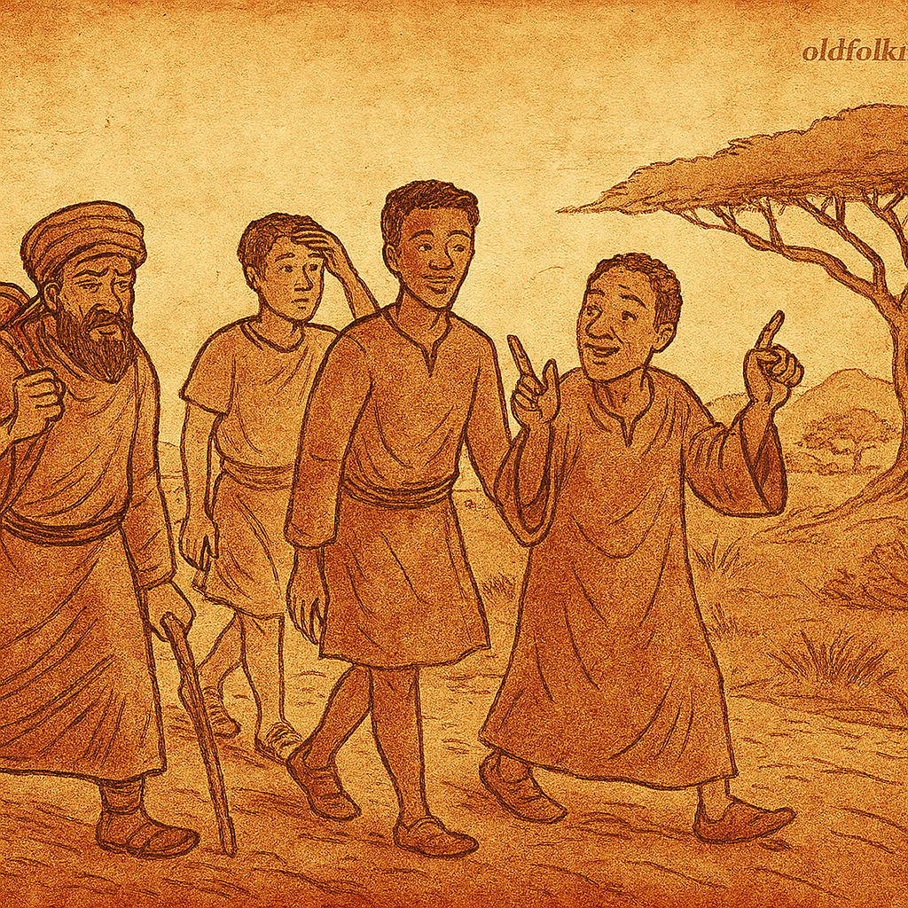 Parchment-style illustration of African griot storytelling to travelers on dusty road near village gate.