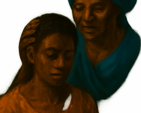"Traditional painting of Princess Akoua and her stepmother from a Togolese folktale, showing emotional support and maternal care in a forest setting."