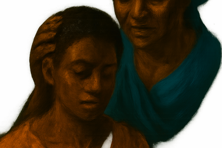"Traditional painting of Princess Akoua and her stepmother from a Togolese folktale, showing emotional support and maternal care in a forest setting."