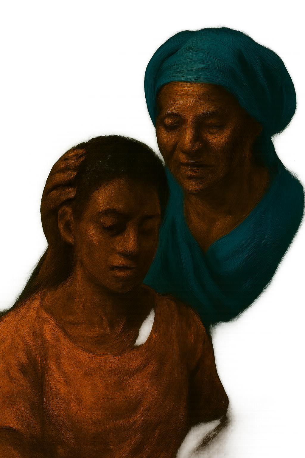 "Traditional painting of Princess Akoua and her stepmother from a Togolese folktale, showing emotional support and maternal care in a forest setting."