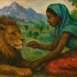 "Painting of an Ethiopian woman gently reaching toward a resting lion in a lush mountain landscape, illustrating a scene from the folktale The Lion’s Whiskers."
