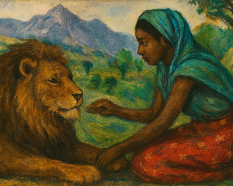 "Painting of an Ethiopian woman gently reaching toward a resting lion in a lush mountain landscape, illustrating a scene from the folktale The Lion’s Whiskers."
