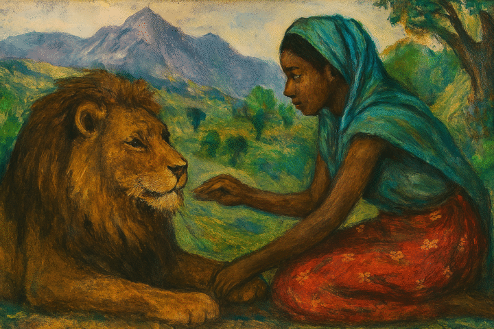 "Painting of an Ethiopian woman gently reaching toward a resting lion in a lush mountain landscape, illustrating a scene from the folktale The Lion’s Whiskers."