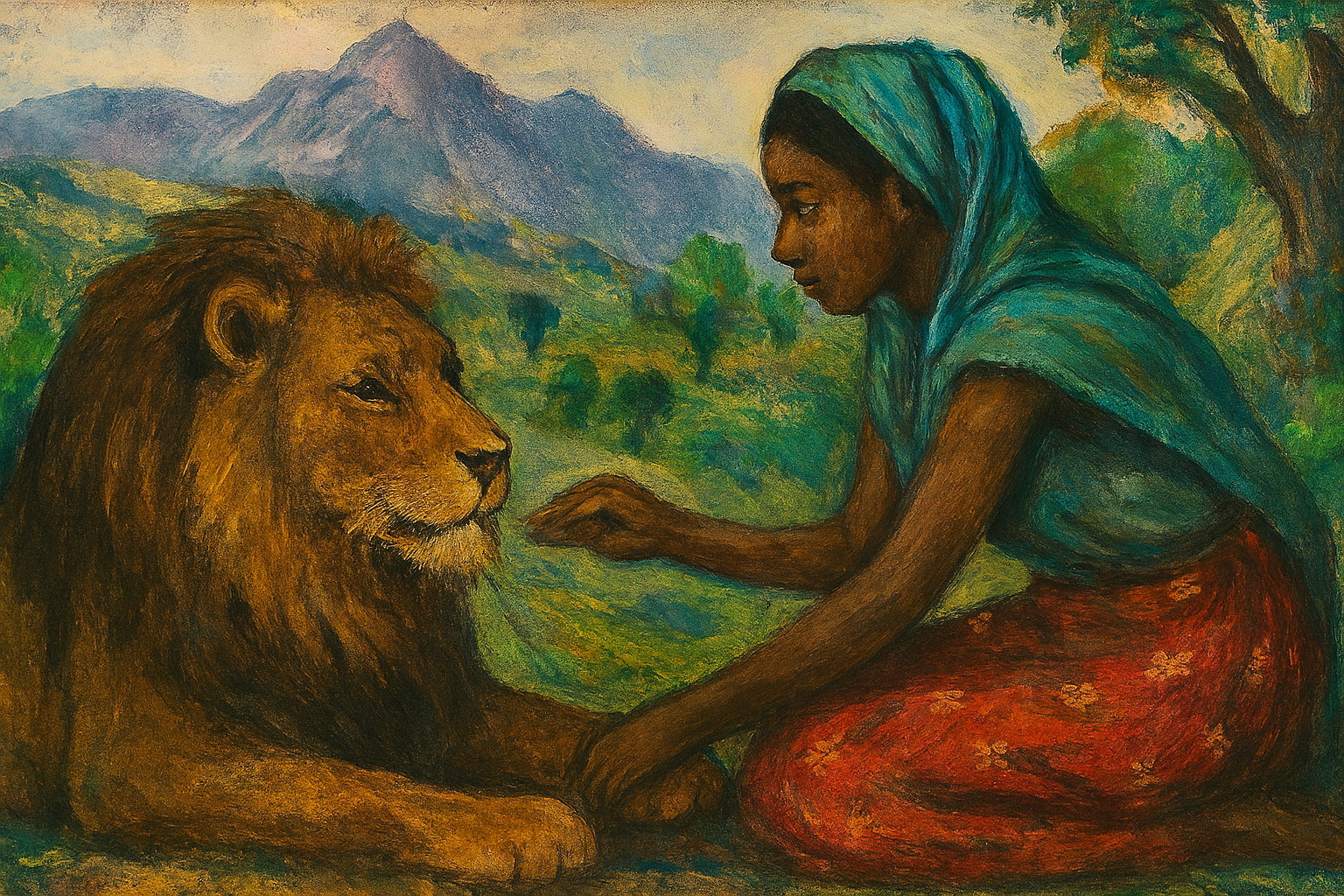 "Painting of an Ethiopian woman gently reaching toward a resting lion in a lush mountain landscape, illustrating a scene from the folktale The Lion’s Whiskers."
