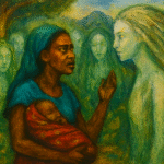 Painting of a West African woman holding a baby as she confronts a glowing spirit woman in a forest, surrounded by ethereal beings scene from a coastal folktale.