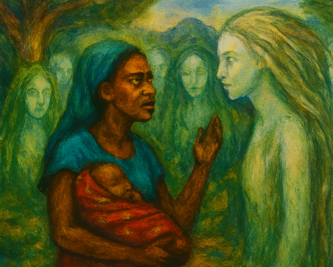 Painting of a West African woman holding a baby as she confronts a glowing spirit woman in a forest, surrounded by ethereal beings scene from a coastal folktale.