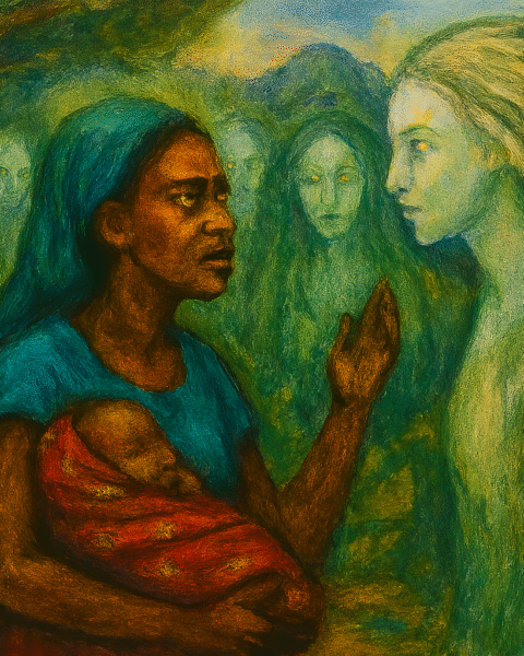 Painting of a West African woman holding a baby as she confronts a glowing spirit woman in a forest, surrounded by ethereal beings scene from a coastal folktale.