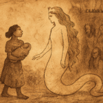 Parchment-style illustration of Esinam meeting the Serpent Mother, a river spirit from Togolese folklore, in a sacred forest.