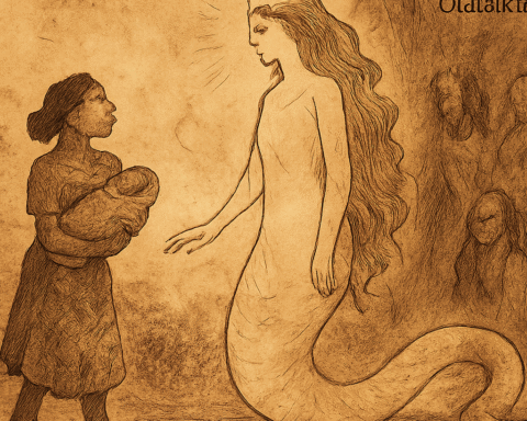 Parchment-style illustration of Esinam meeting the Serpent Mother, a river spirit from Togolese folklore, in a sacred forest.