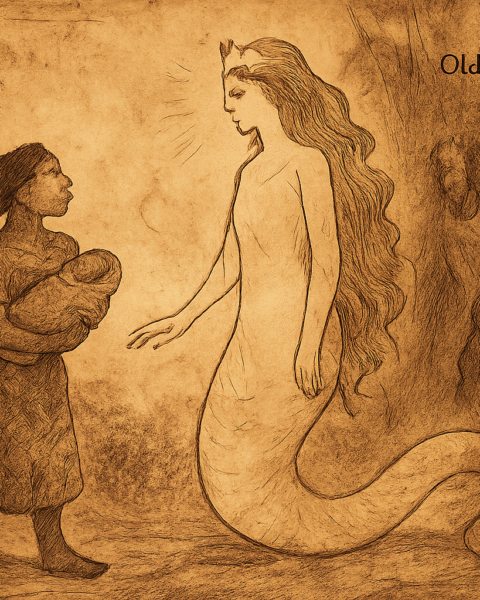 Parchment-style illustration of Esinam meeting the Serpent Mother, a river spirit from Togolese folklore, in a sacred forest.