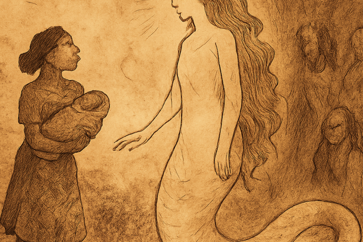 Parchment-style illustration of Esinam meeting the Serpent Mother, a river spirit from Togolese folklore, in a sacred forest.