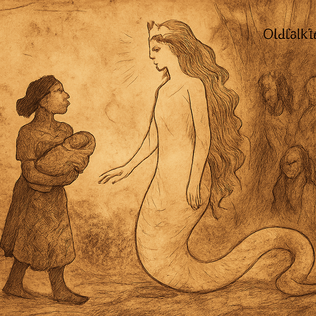 Parchment-style illustration of Esinam meeting the Serpent Mother, a river spirit from Togolese folklore, in a sacred forest.