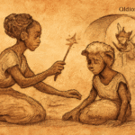 Parchment-style drawing of Kate using a magic wand to restore Anne’s human form in an African fairy tale setting.