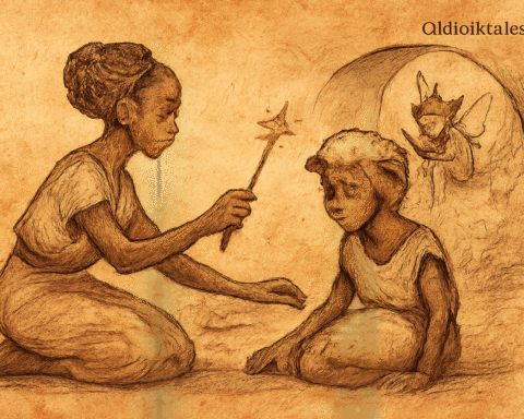 Parchment-style drawing of Kate using a magic wand to restore Anne’s human form in an African fairy tale setting.