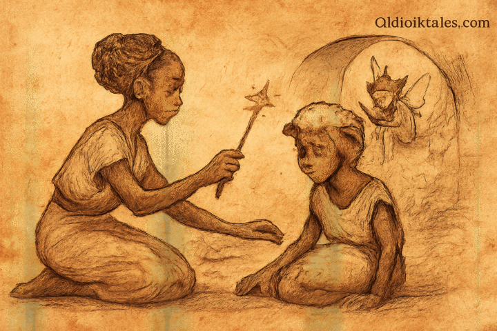 Parchment-style drawing of Kate using a magic wand to restore Anne’s human form in an African fairy tale setting.