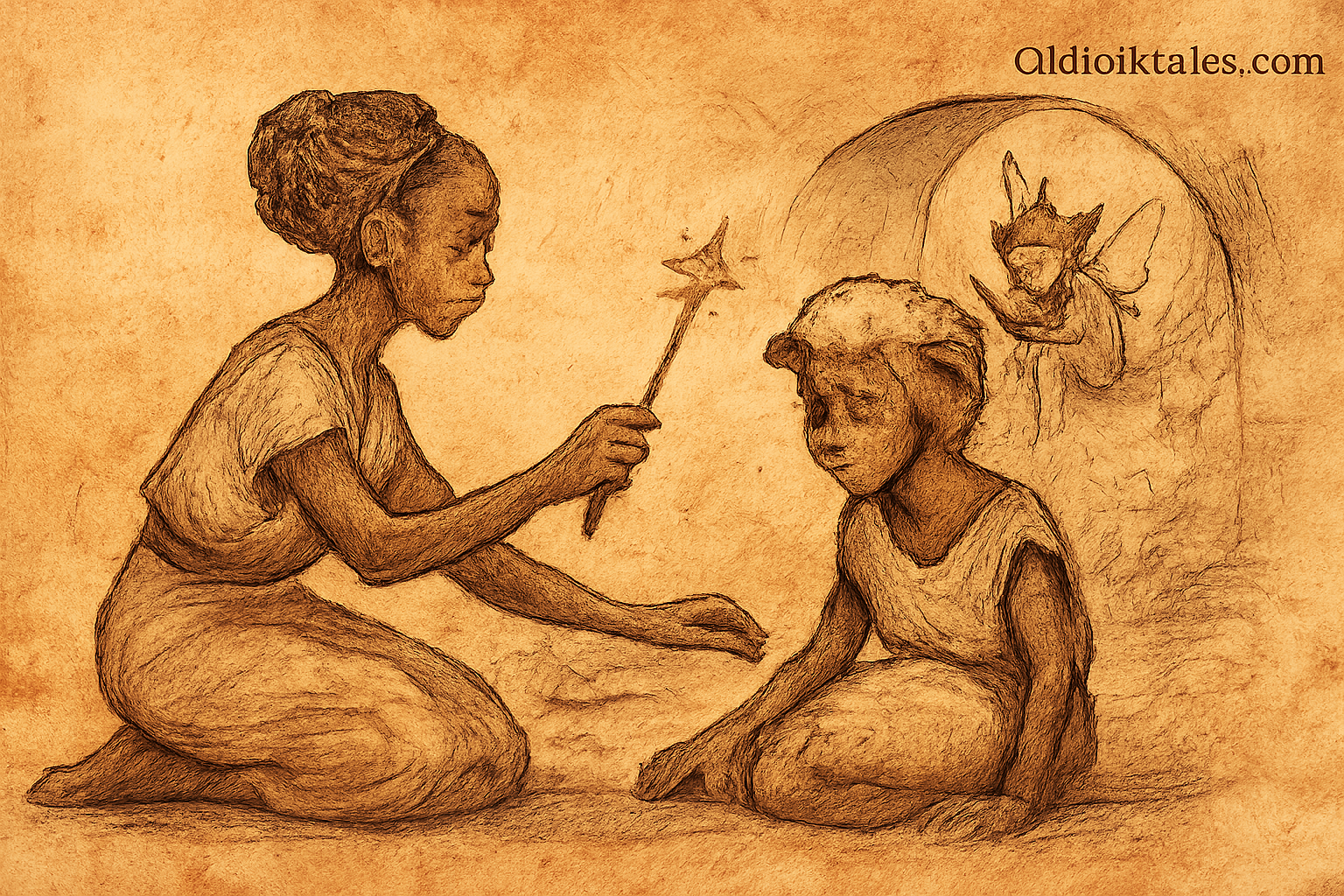 Parchment-style drawing of Kate using a magic wand to restore Anne’s human form in an African fairy tale setting.