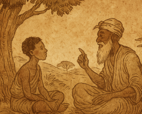 Parchment-style illustration of Kokou learning from a wise elder under a tree in a Togolese folktale
