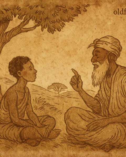Parchment-style illustration of Kokou learning from a wise elder under a tree in a Togolese folktale
