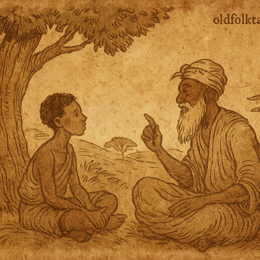 Parchment-style illustration of Kokou learning from a wise elder under a tree in a Togolese folktale