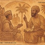 Parchment-style illustration of Mi O Mọ̀ seated with a Yoruba king, sharing wisdom in a regal setting.