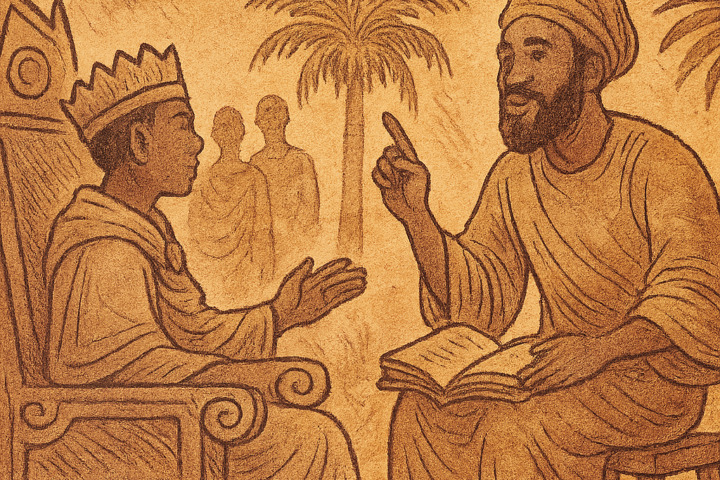 Parchment-style illustration of Mi O Mọ̀ seated with a Yoruba king, sharing wisdom in a regal setting.