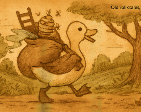 Parchment-style illustration of Quackling who defeated the King with ladder, river, and bees