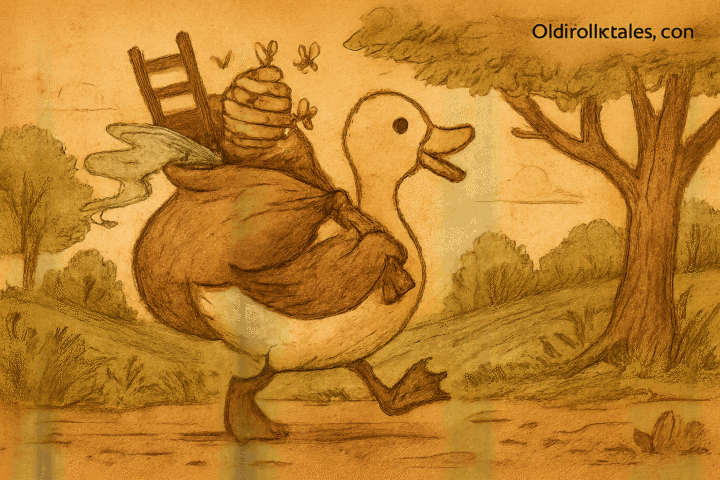Parchment-style illustration of Quackling who defeated the King with ladder, river, and bees
