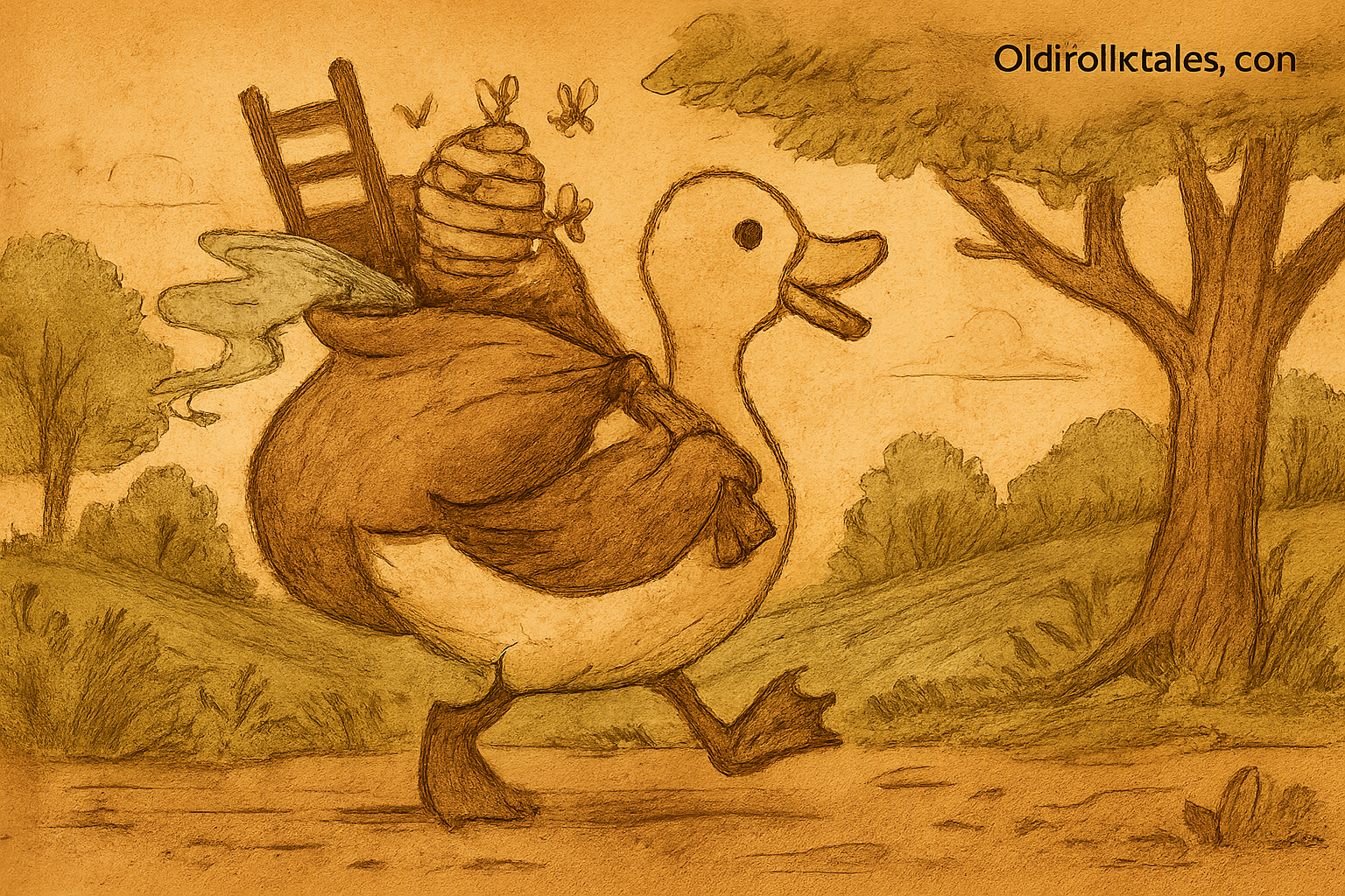 Parchment-style illustration of Quackling who defeated the King with ladder, river, and bees