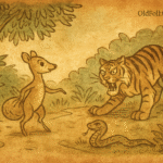 Parchment-style illustration of Mouse Deer tricking Tiger near a muddy puddle