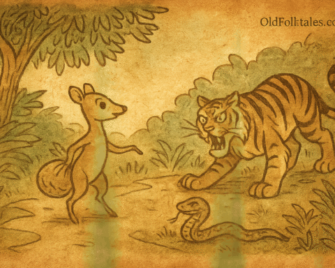 Parchment-style illustration of Mouse Deer tricking Tiger near a muddy puddle