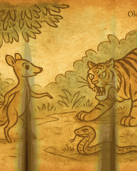 Parchment-style illustration of Mouse Deer tricking Tiger near a muddy puddle