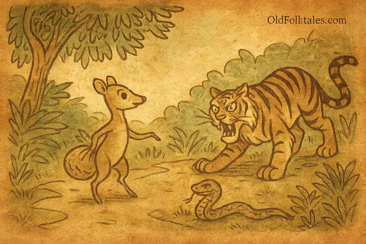 Parchment-style illustration of Mouse Deer tricking Tiger near a muddy puddle