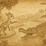 Parchment-style illustration of Mouse Deer crossing crocodiles in a African folktale of clever escapes.
