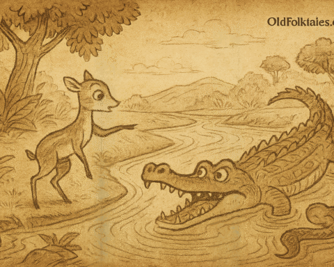 Parchment-style illustration of Mouse Deer crossing crocodiles in a African folktale of clever escapes.