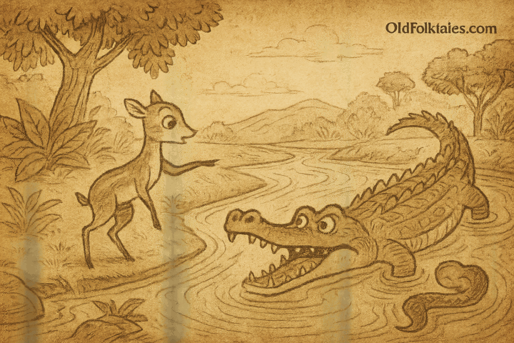 Parchment-style illustration of Mouse Deer crossing crocodiles in a African folktale of clever escapes.