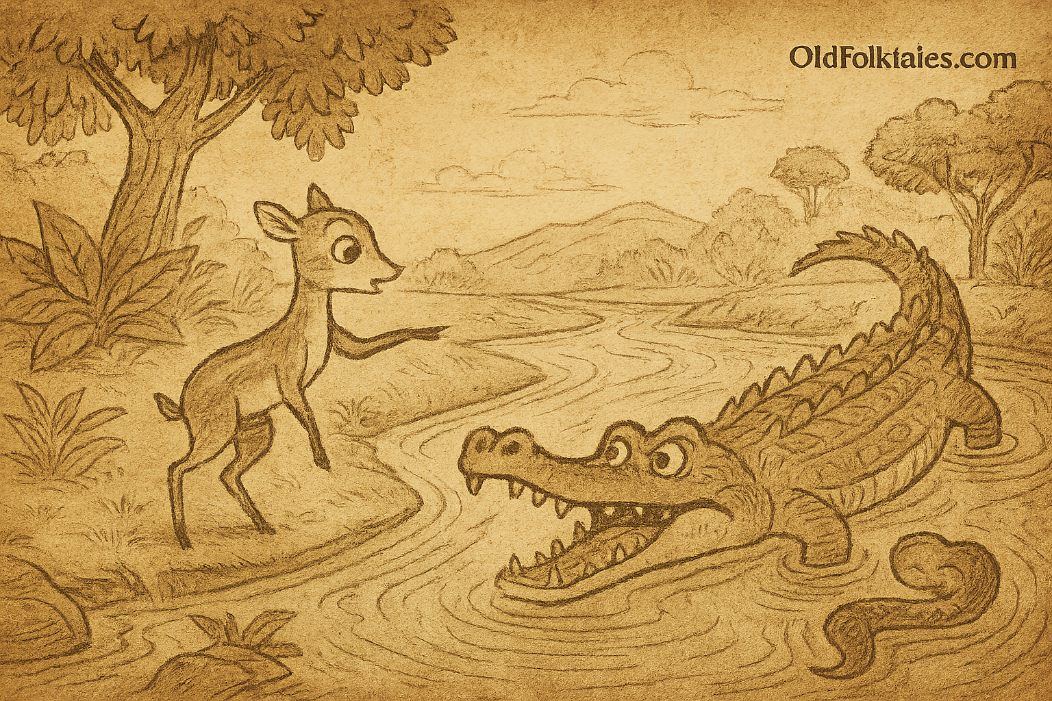 Parchment-style illustration of Mouse Deer crossing crocodiles in a African folktale of clever escapes.