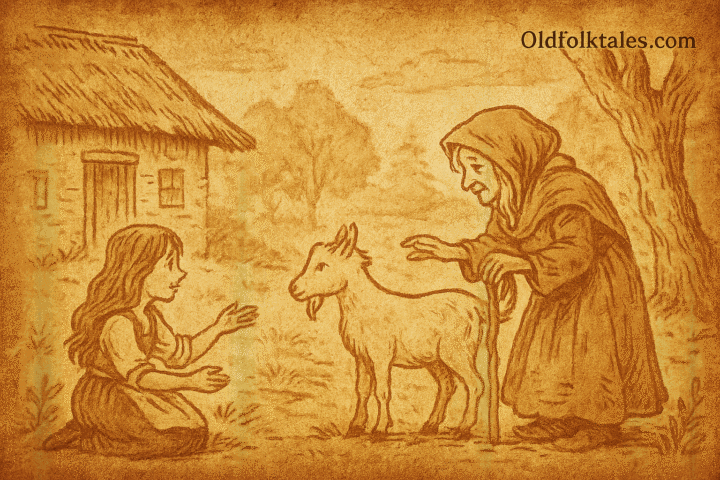 Parchment-style illustration of Two-Eyes meeting a kind old woman and her goat