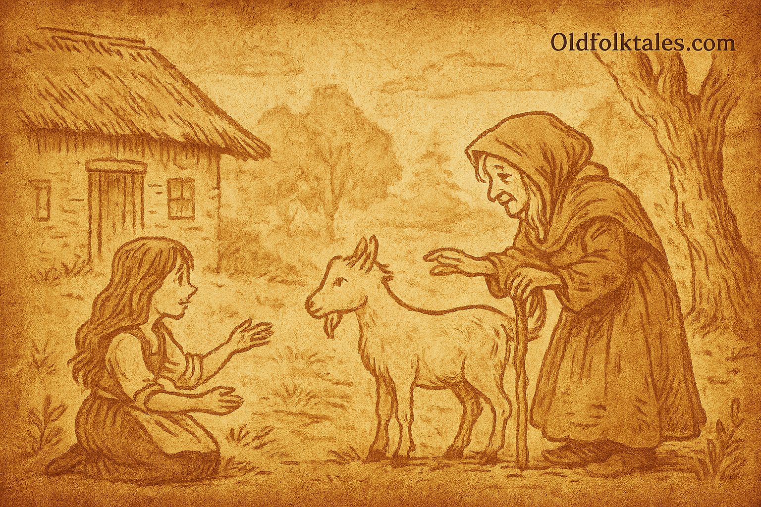 Parchment-style illustration of Two-Eyes meeting a kind old woman and her goat
