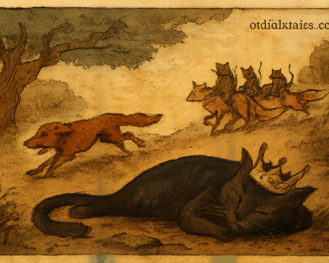 Parchment-style illustration of crowned black cat fallen during a fox-mounted feline hunt in an African folktale.