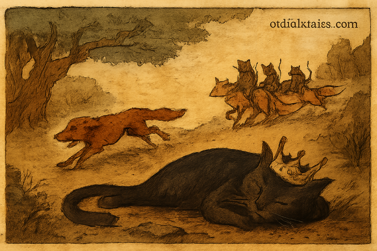 Parchment-style illustration of crowned black cat fallen during a fox-mounted feline hunt in an African folktale.