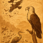 Parchment-style illustration of fishing eagle watching bird battle in Nigerian folktale of leadership and wisdom.