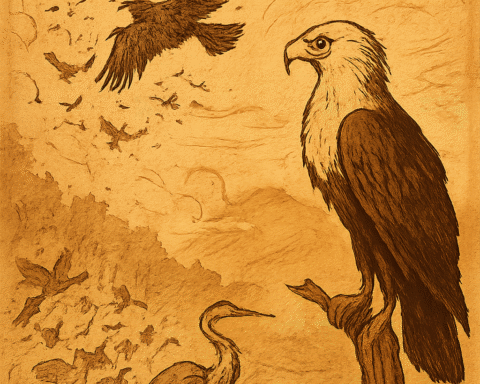 Parchment-style illustration of fishing eagle watching bird battle in Nigerian folktale of leadership and wisdom.