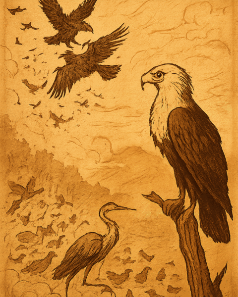 Parchment-style illustration of fishing eagle watching bird battle in Nigerian folktale of leadership and wisdom.