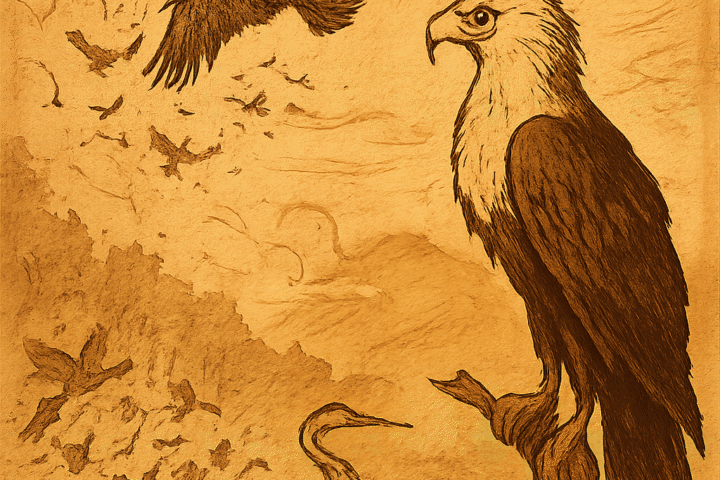 Parchment-style illustration of fishing eagle watching bird battle in Nigerian folktale of leadership and wisdom.