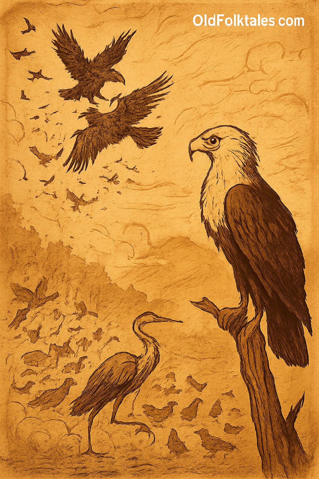 Parchment-style illustration of fishing eagle watching bird battle in Nigerian folktale of leadership and wisdom.