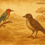 Parchment-style illustration of Nsasak and Odudu birds in Nigerian countryside; vibrant plumage and earthy landscape.